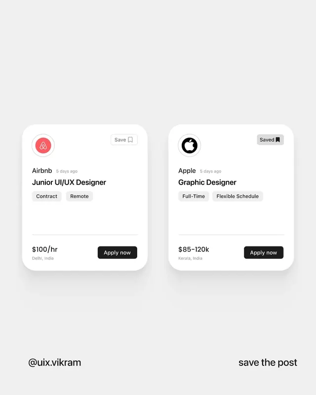 Job listing card UI design template, minimal, flat, light