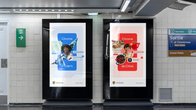Chrome brand posters on transit station screens, minimal, corporate-clean, light