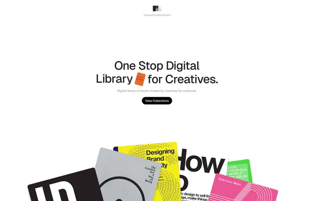 Creative library landing page with book collage, minimal, geometric, light