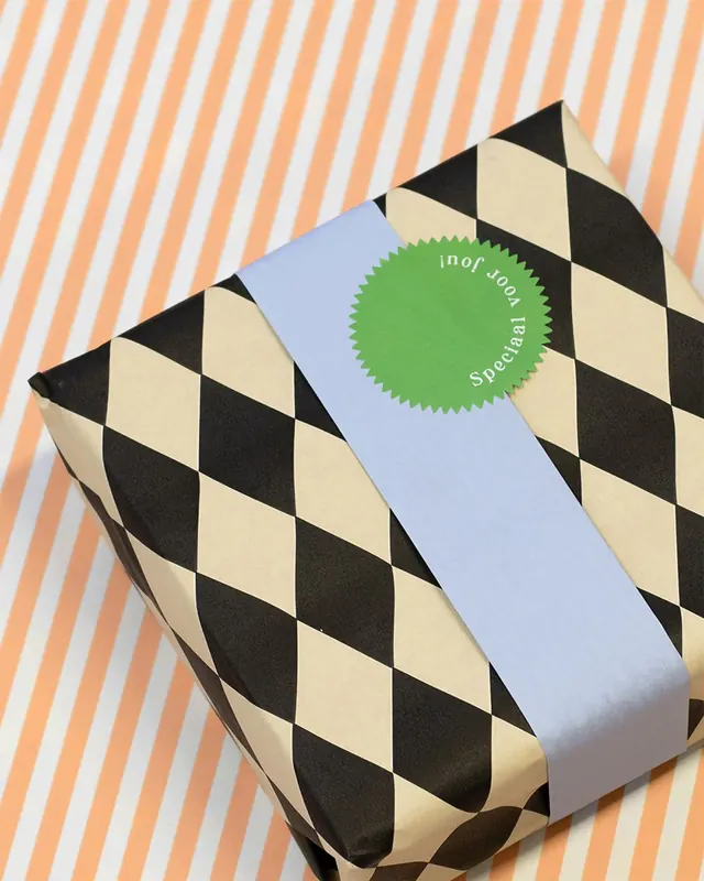 Harlequin pattern gift box with striped background, geometric, retro, dark