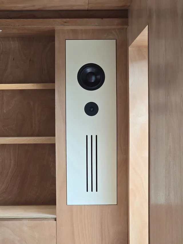 Minimalist smart home device control panel in wood and cream, minimal, technical, muted