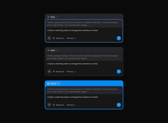 Task management interface with apps dropdown, dark-mode, minimal, dark
