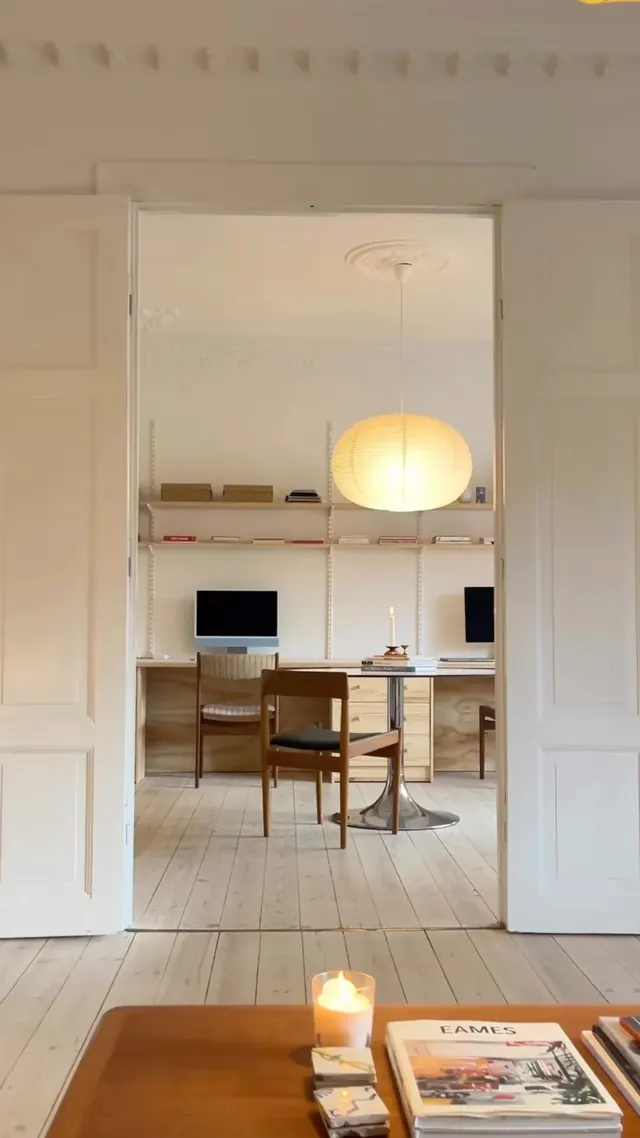 Mid-century office interior with shelving, minimal, organic, warm