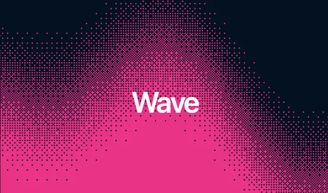 Pixelated gradient dot scatter with 'Wave' wordmark, geometric, abstract, dark
