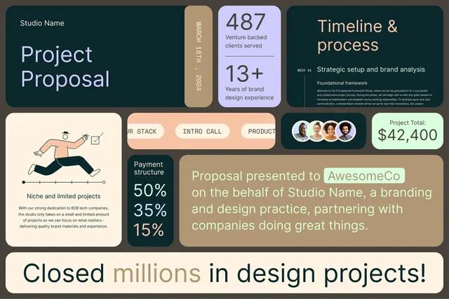 Design agency project proposal deck with metrics, corporate-clean, minimal, high-contrast