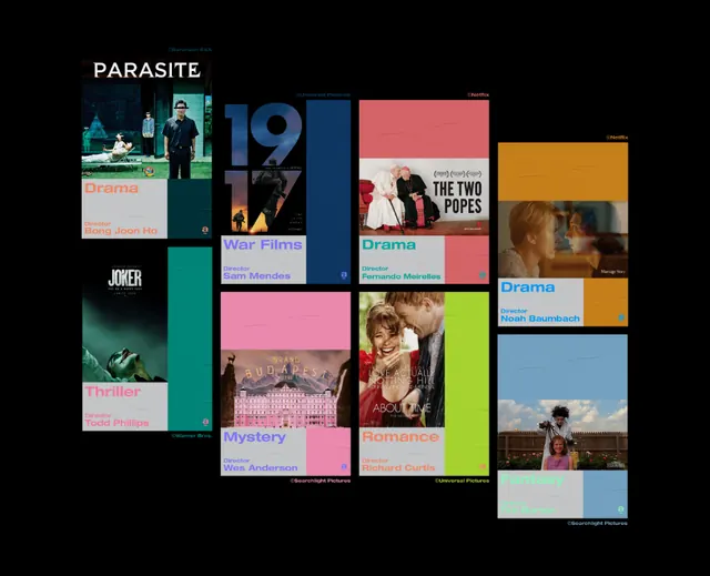 Film grid poster with color blocking, minimal, photographic, high-contrast