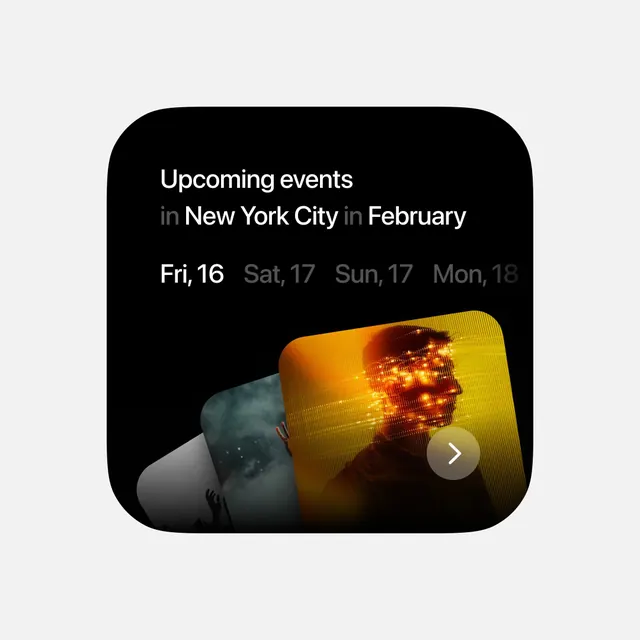 Dark event listing with glowing 3D figure, dark-mode, minimal, dark