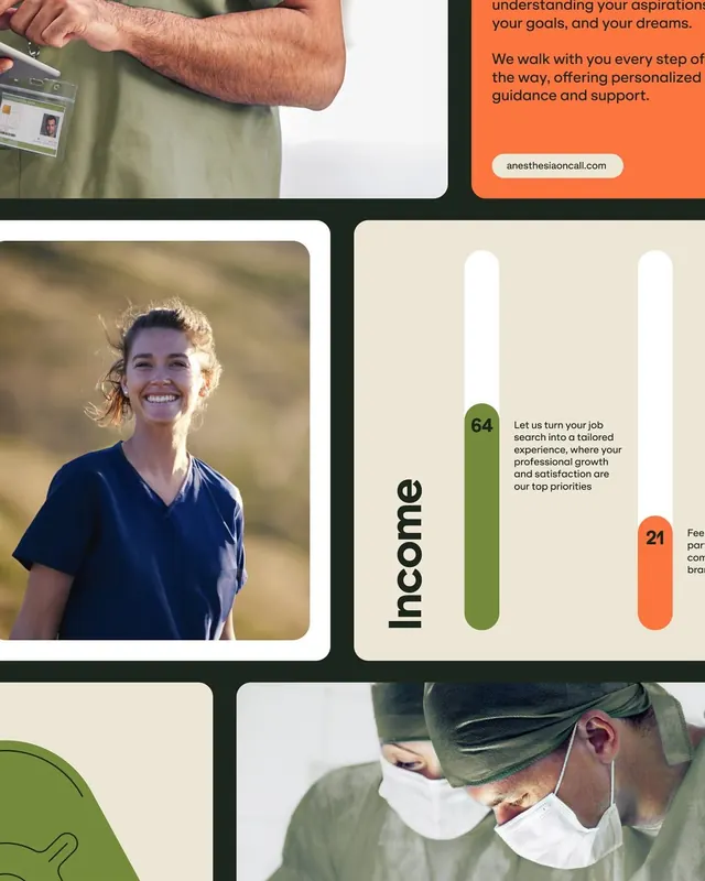 Healthcare branding grid with warm accents, minimal, corporate-clean, light