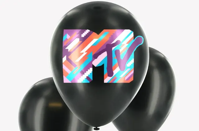Colorful graphic on dark balloons, gradient-heavy, abstract, vibrant