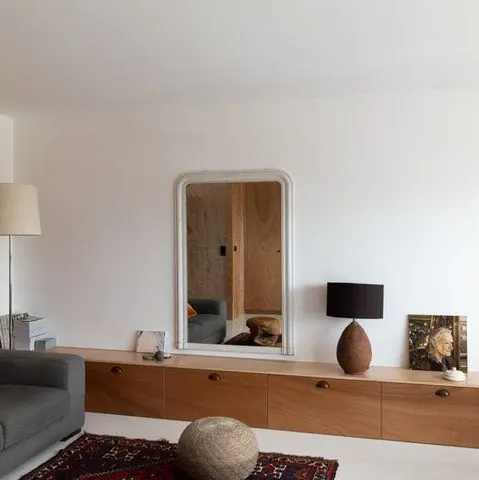 Warm minimalist bedroom shelf styling, minimal, photographic, warm