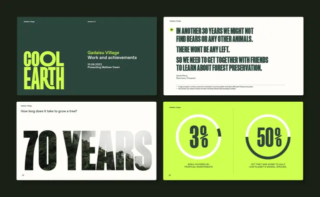 Cool Earth environmental identity system, minimal, corporate-clean, dark