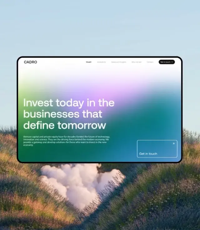 Venture capital website with gradient hero and nature backdrop, minimal, gradient-heavy, cool