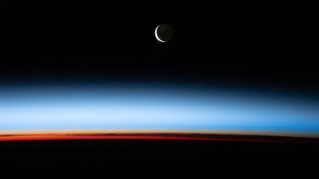 Earth and moon from space at twilight, minimal, photographic, cool