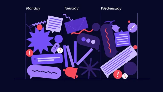 Three-column weekly schedule illustration with icons, flat, minimal, dark