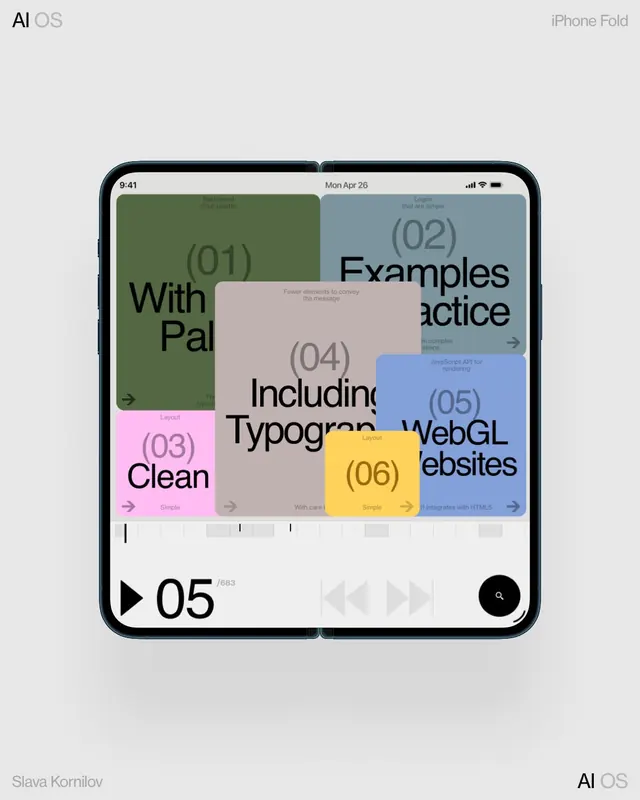 Apple iOS Fold mockup with color-blocked card UI, minimal, geometric, light
