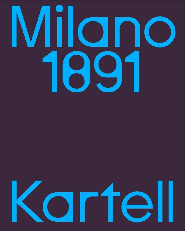 Milano 1891 Kartell cyan-on-purple type specimen, minimal, geometric, neon