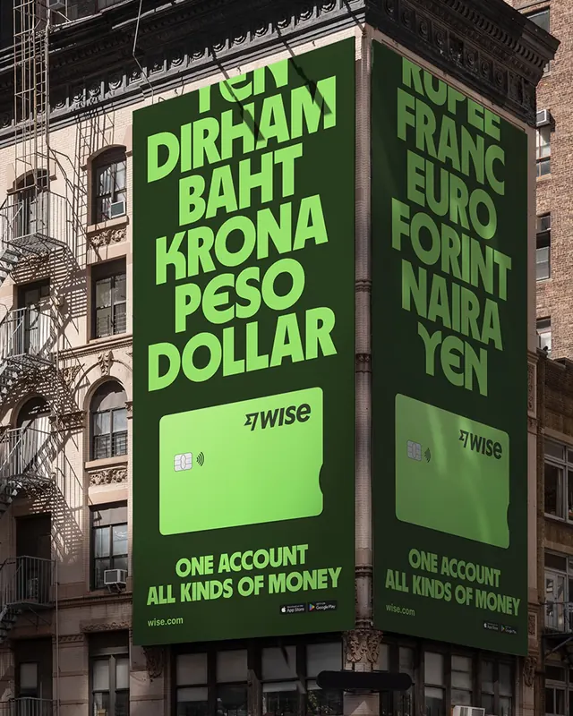 Wise fintech billboard with stacked currency type, minimal, corporate-clean, dark