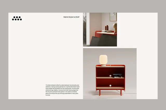 Malmö Moderna red shelf product spreads, minimal, corporate-clean, light