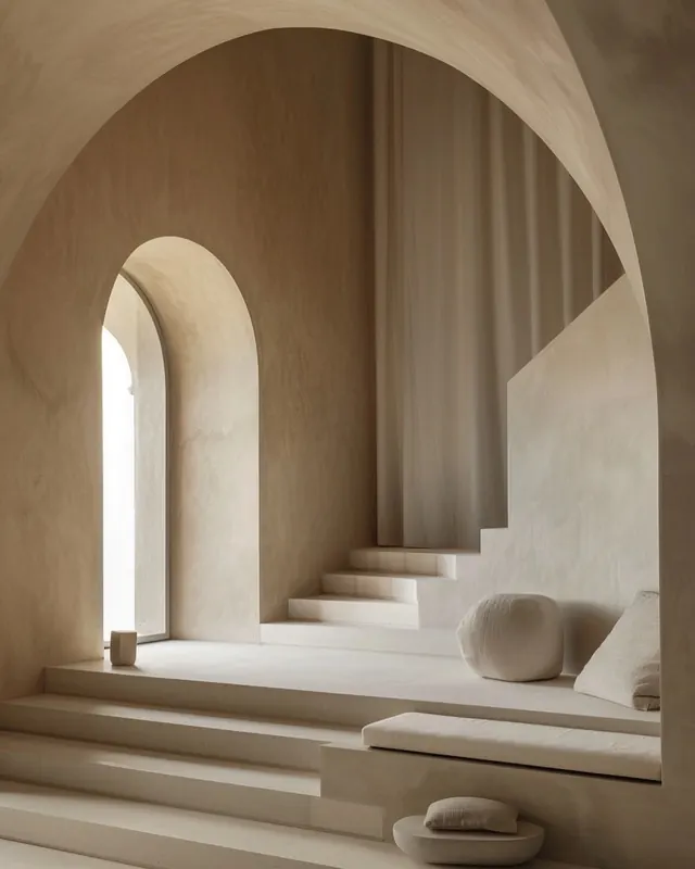 Sculptural plaster interior with arches, minimal, organic, warm