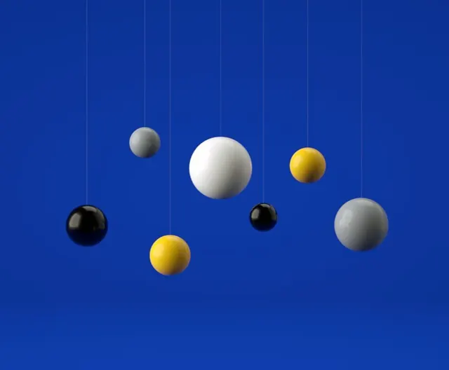 Hanging glossy spheres on blue, 3d-render, minimal, vibrant