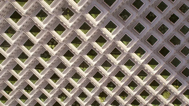 Classical molding lattice over garden, 3d-render, geometric, light