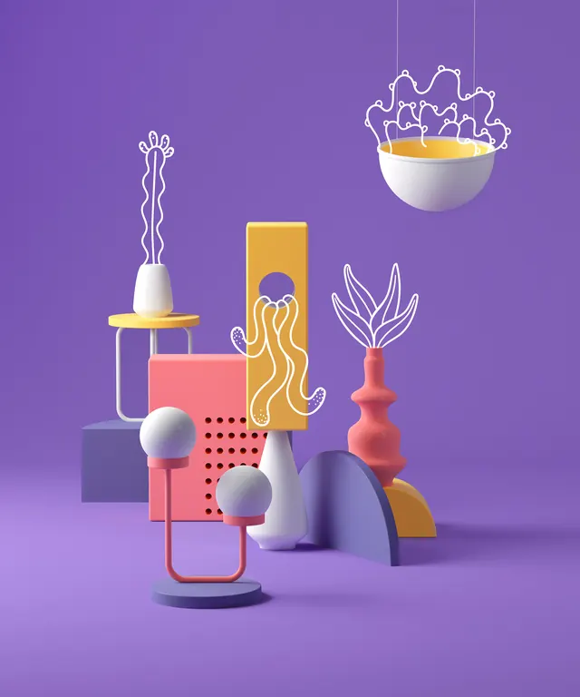 Purple 3D still life with line plants, 3d-render, playful, vibrant