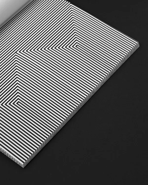 Op-art nested line book cover, geometric, minimal, monochrome