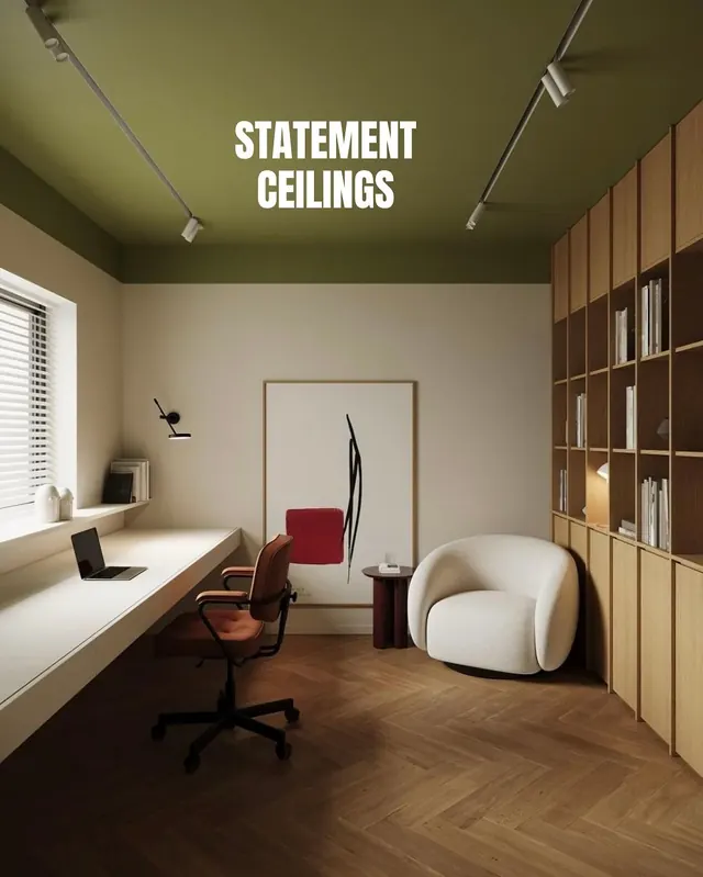 Earthy-toned office with statement ceiling, photographic, minimal, warm