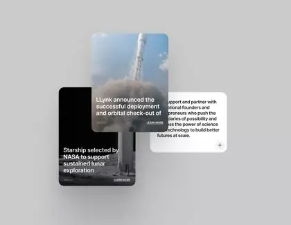 Layered card UI with aerospace imagery and notification overlay, minimal, corporate-clean, light