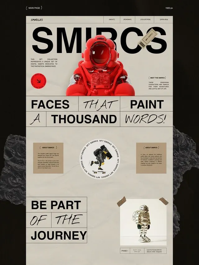 SMDOCS NFT grid layout with bold type, minimal, maximalist, muted