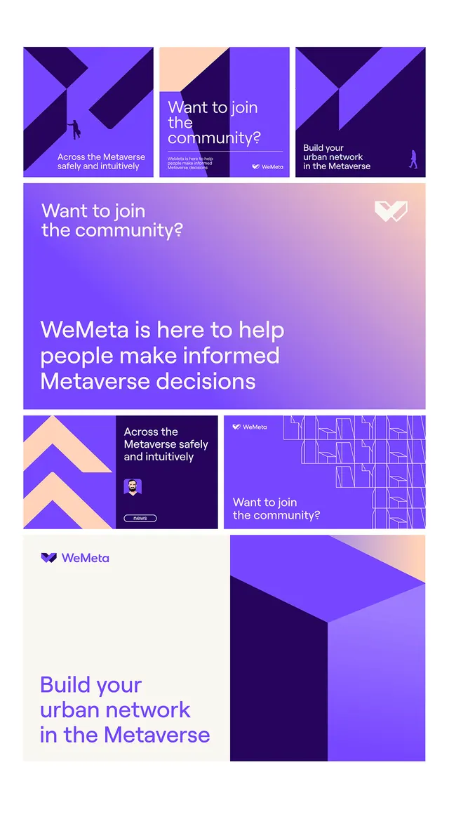 WeMeta community campaign grid, geometric, gradient-heavy, vibrant