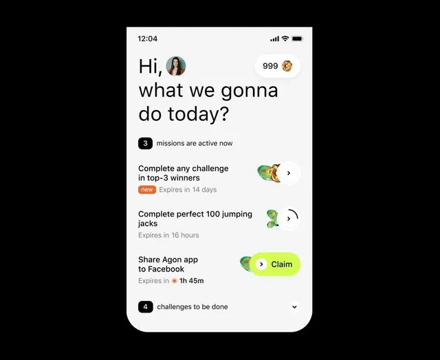 Fitness app gamification interface, minimal, dark-mode, light