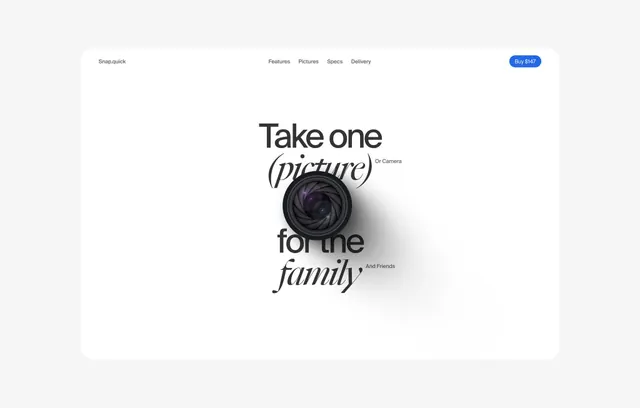Camera-centric product hero with mixed typography, minimal, light-mode, light