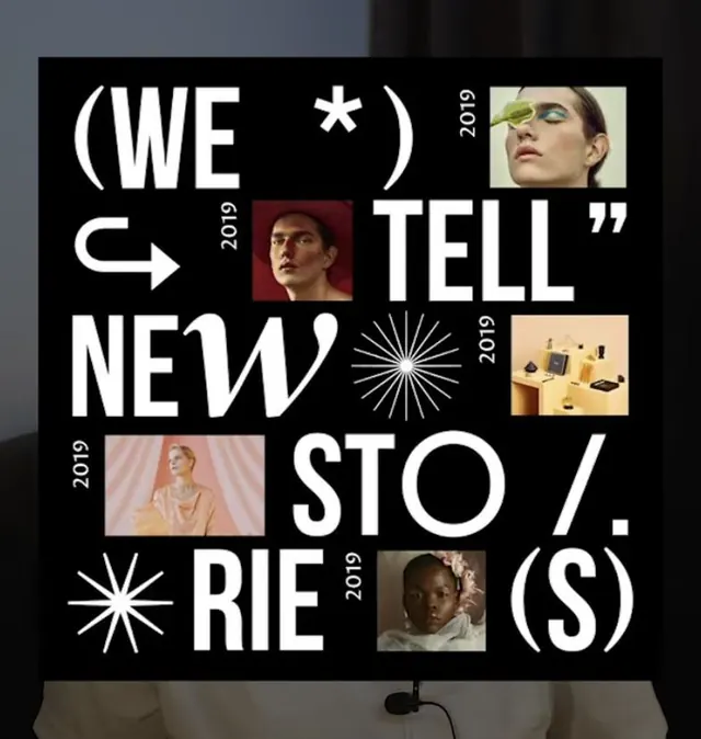 (We tell new stories) typographic poster, editorial, geometric, monochrome
