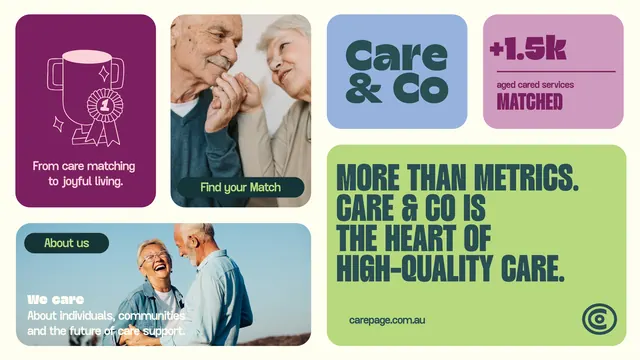 Care & Co brand system grid, corporate-clean, minimal, vibrant