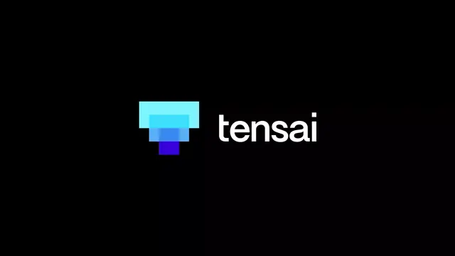 tensai tech logo: pixelated icon with geometric wordmark, minimal, geometric, dark