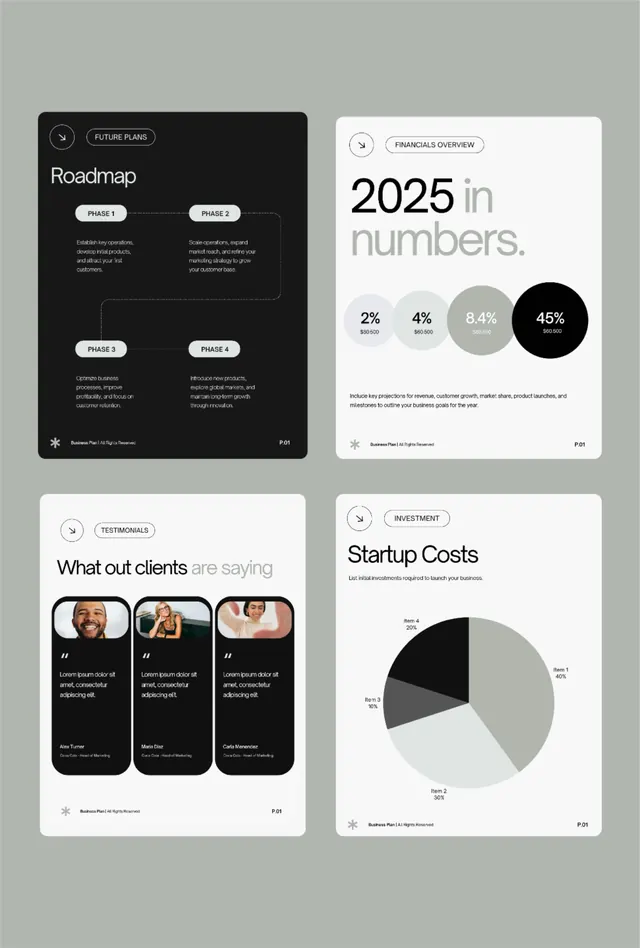 Financial presentation template deck with data visualization, minimal, corporate-clean, light