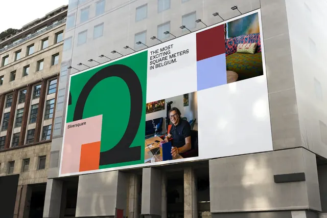 Large-scale outdoor signage with geometric typography, geometric, corporate-clean, light