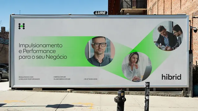 Hybrid consulting billboard with angular green shapes and portraits, minimal, corporate-clean, light