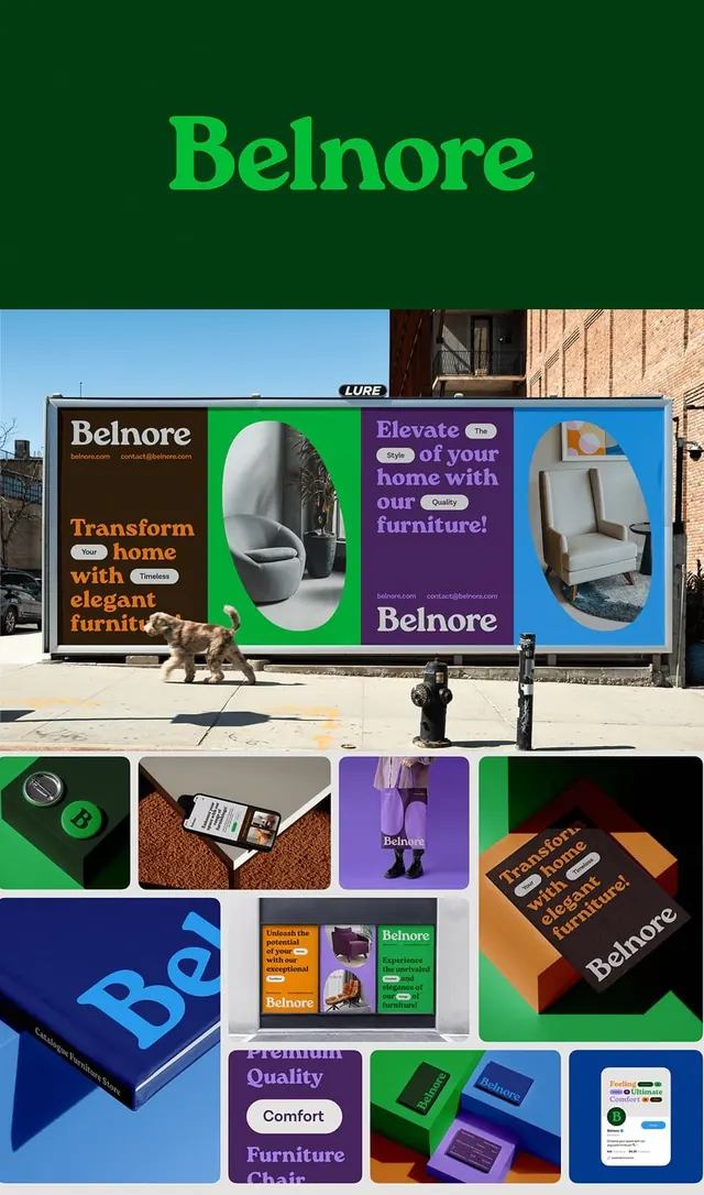 Belnore furniture brand identity and collateral system, playful, vibrant