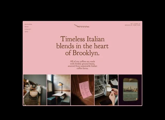 Italian coffee brand landing page with photo grid, editorial, luxury, light