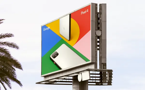 Google Pixel 4 outdoor billboard with geometric color blocks, geometric, corporate-clean, vibrant