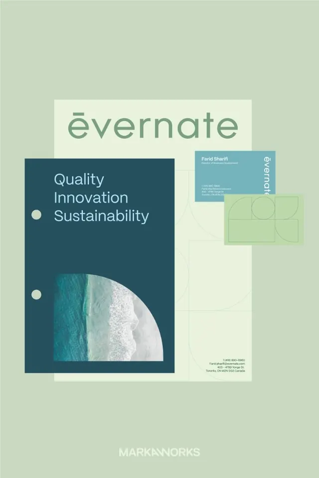 Layered branding collateral with sage-green color system, minimal, corporate-clean, light