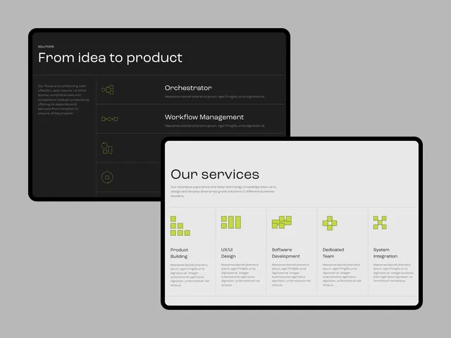 Dark and light service mockup comparison, minimal, corporate-clean, dark