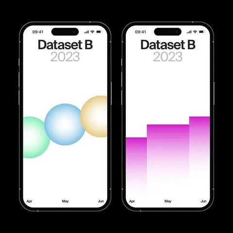 Mobile data viz comparison: spheres and bar chart, minimal, technical, light