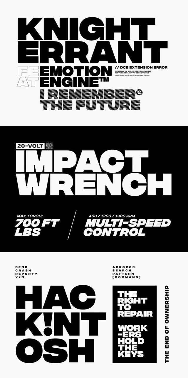 Industrial condensed-type spec sheet with automotive copy, minimal, technical, dark