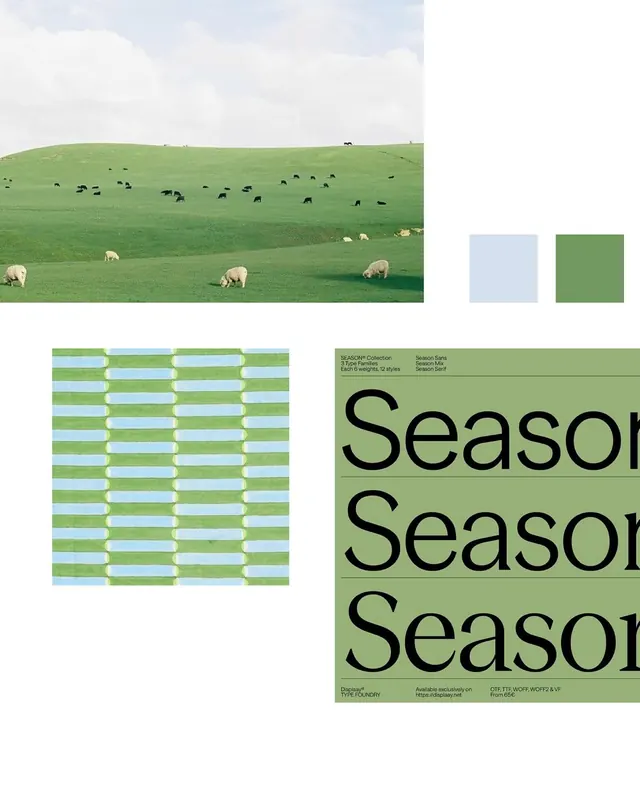 Season collection layout with pastoral hero, minimal, geometric, muted