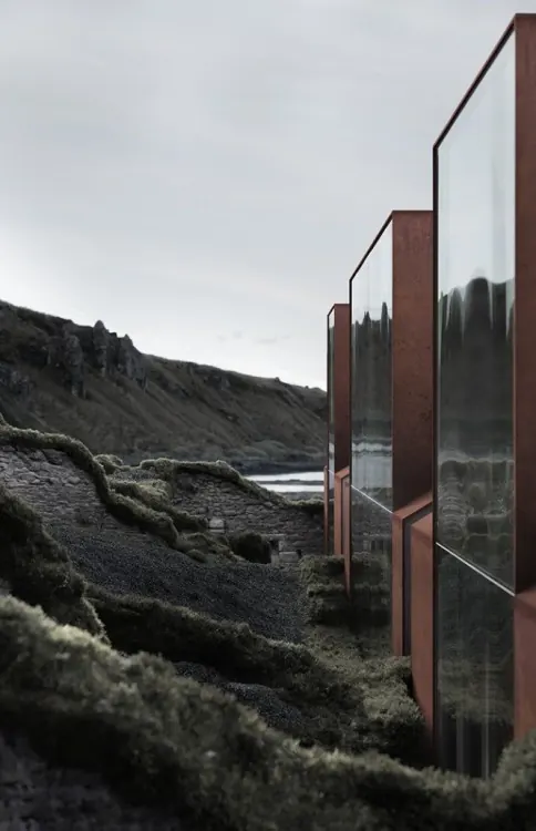 Landscape with Reflective Glass Panels, minimal, photographic, dark
