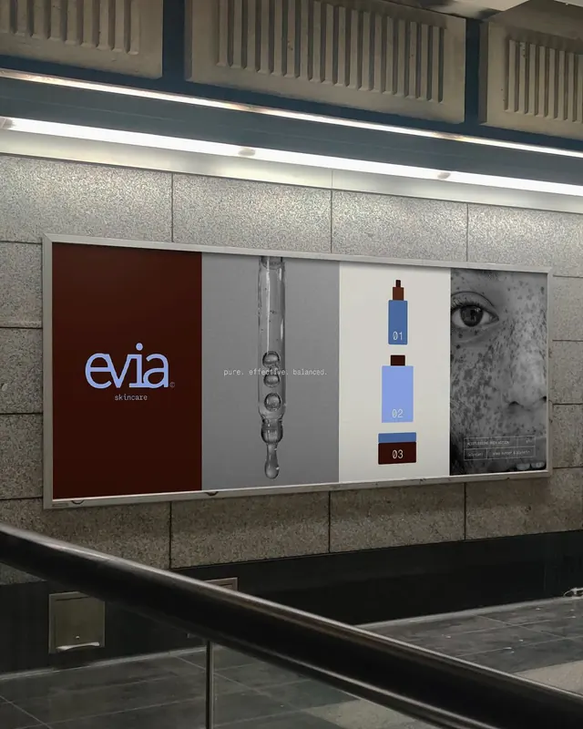 Evia skincare modular retail display, minimal, boxed, monochrome