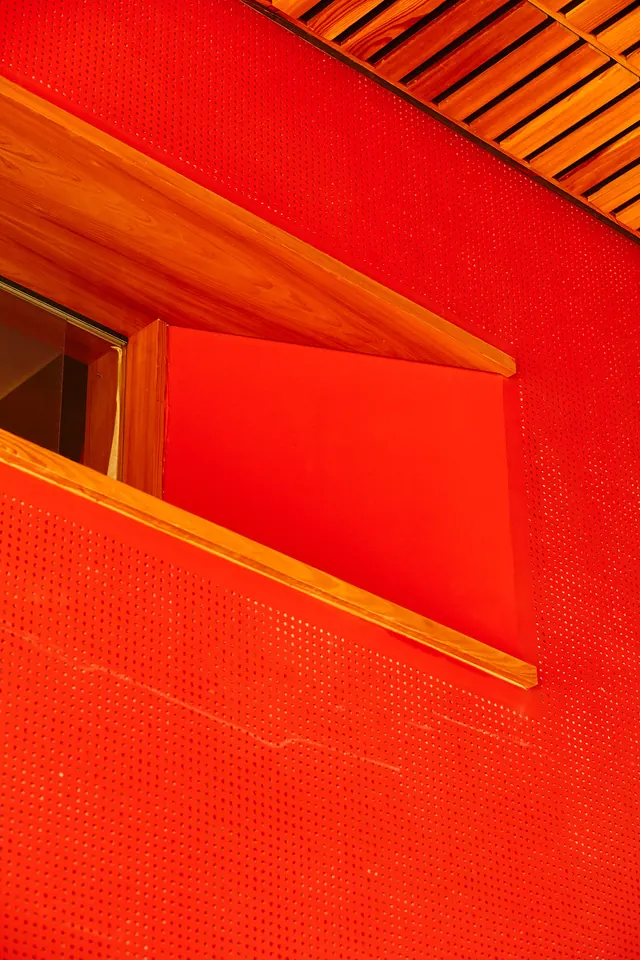 Architectural Red and Wood Structure, minimal, geometric, vibrant